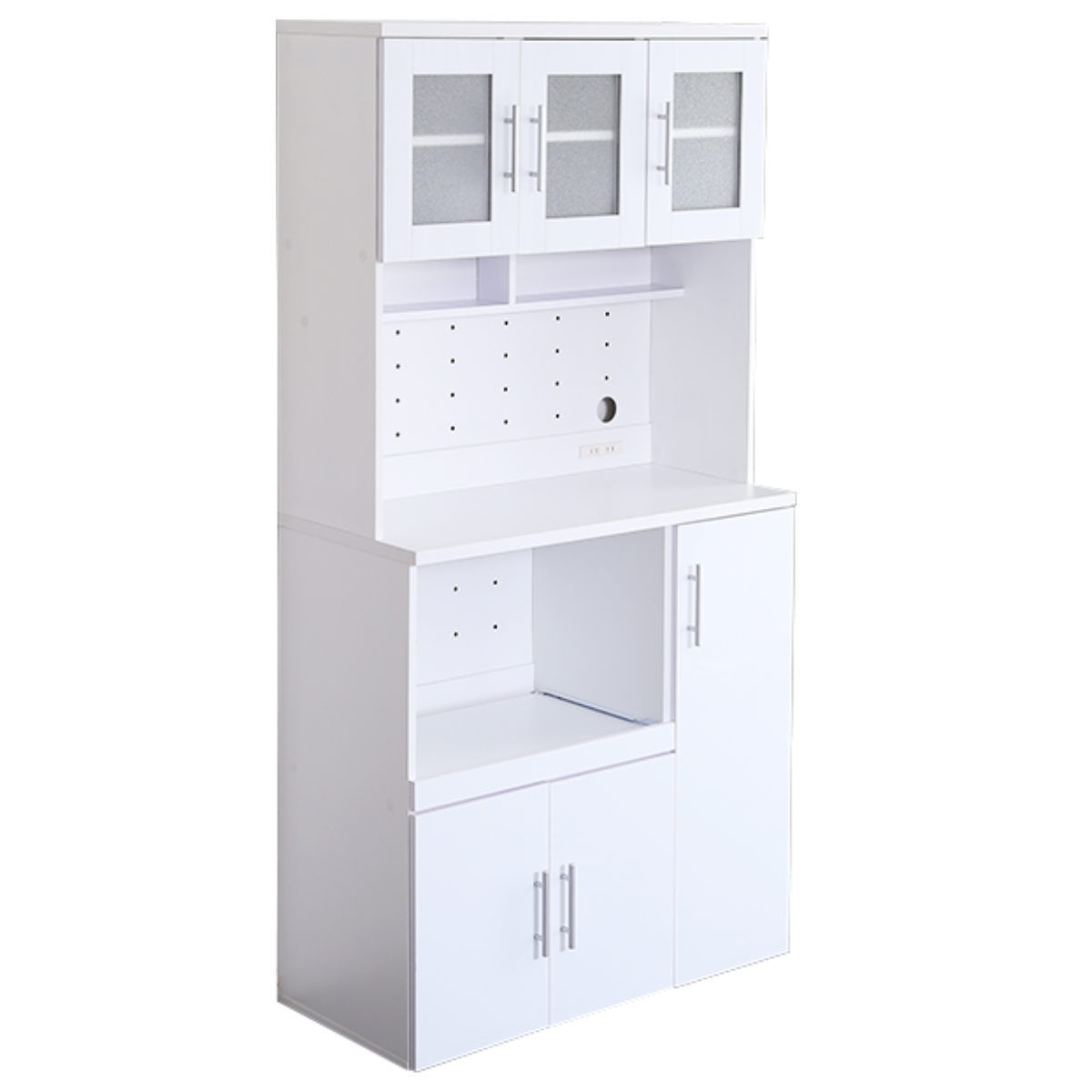 食器棚 幅90cm 2口コンセント付き スライド棚 可動棚 調味料収納 ( カップボード キッチンラック コンセント付 食器収納 レンジボード レンジ台 ガラス扉 鏡面仕上げ 家電収納 ホワイト )