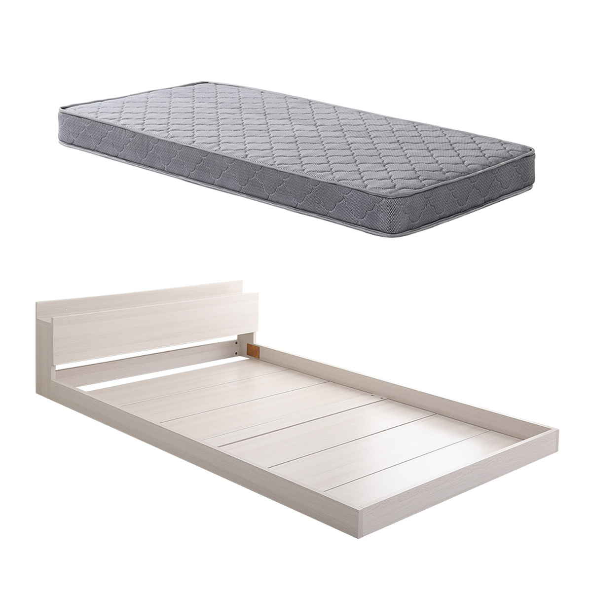 デザインフロアベッド ボンネルコイルマットレスセット シングル ( ベッド コンセント付 抗菌 防臭 マットレスセット ボンネルコイル 厚さ15cm ロースタイル デザインベッド ブラックオーク オーク ウォールナット ホワイトオーク ) 【ホワイトオーク×シルバー】 ホワイトオーク×シルバー