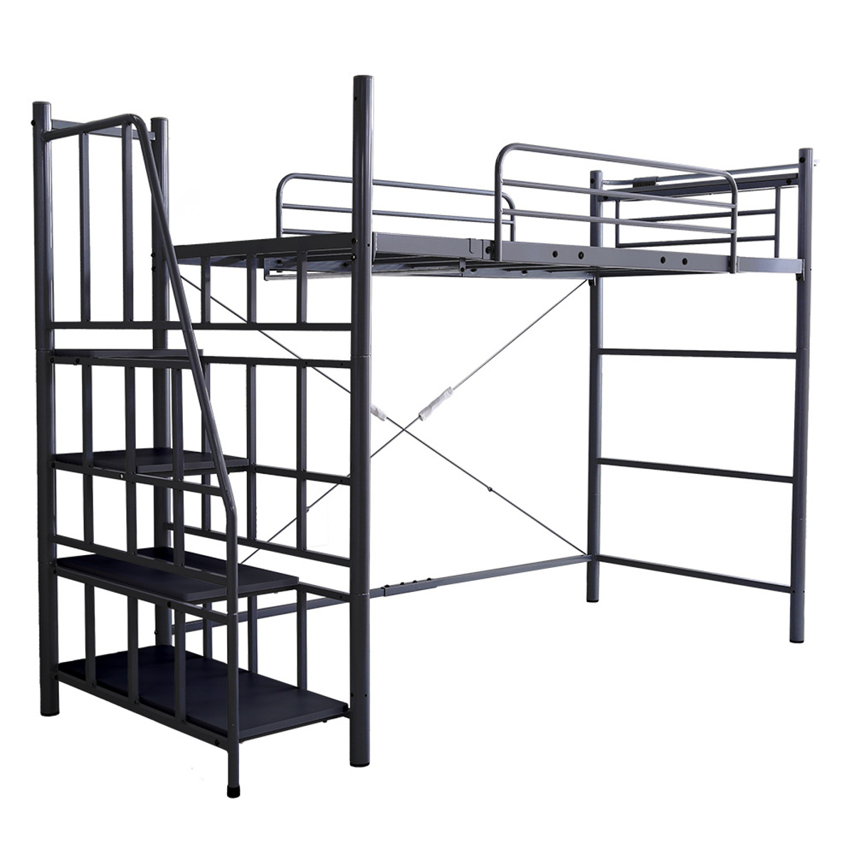 ロフトベッド シングル 階段付き 宮棚 2口コンセント付 メッシュ床 ( ベッド 宮棚付き コンセント付き 高さ調節 ロフト シングルベッド 耐荷重120kg ハンガーパイプ付 収納 2way ) 【ブラック】 ブラック