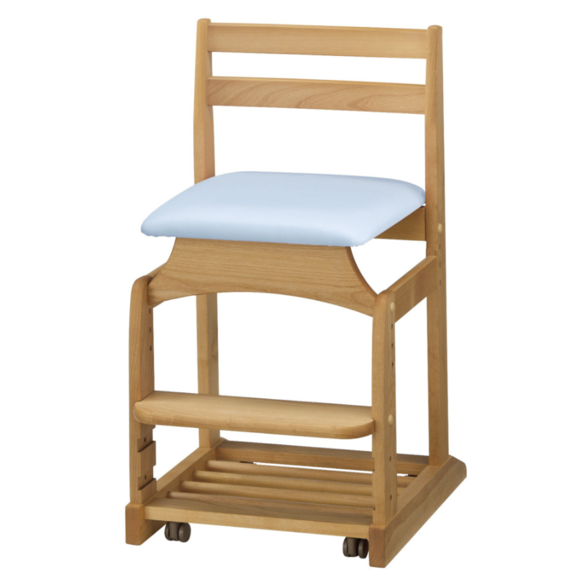 学習椅子 勉強椅子 クッション座面タイプ リビングダイニング学習 沈み込みキャスター ダック ( デスクチェア ダイニングチェア 高さ調節 子供 椅子 足置き 木製 天然木 アルダー材 イス いす チェア 子ども 日本製 収納スペース ) 【ライトブルー】 ライトブルー