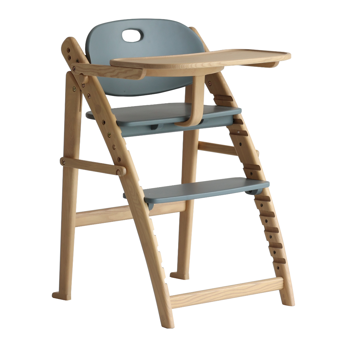 キッズチェア ハイタイプ 折りたたみ 高さ調節 freddy ( ベビーチェア 子ども椅子 子ども キッズ チェア 木製 天然木 イス 椅子 完成品 ハイチェア トレー付き 足置き 落下防止バー 滑り止め加工 安心 食事 折り畳み ) 【ストームグレー】 ストームグレー