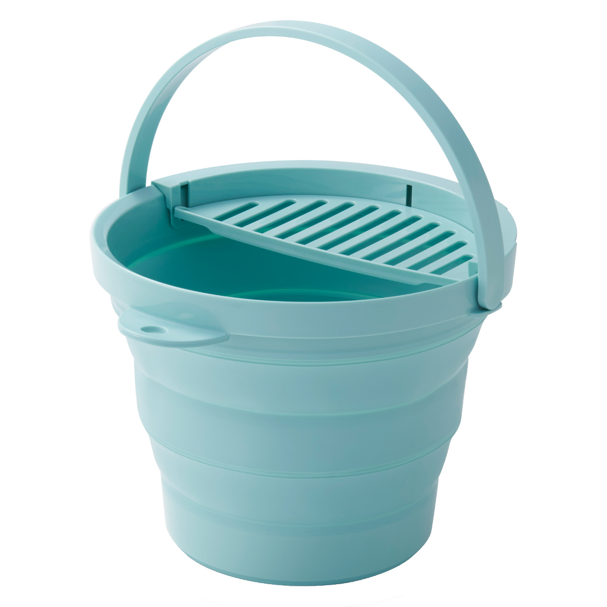 バケツ 折りたたみ 8L ちょい置きトレー付 ソフトバケツ ( 折りたたみバケツ 8リットル たためる 丸型 掃除 漬け置き トレー 水切り 日本製 吊り下げ収納 清掃 おりたたみ コンパクト スリム 洗濯 ) 【ミントグリーン】 ミントグリーン