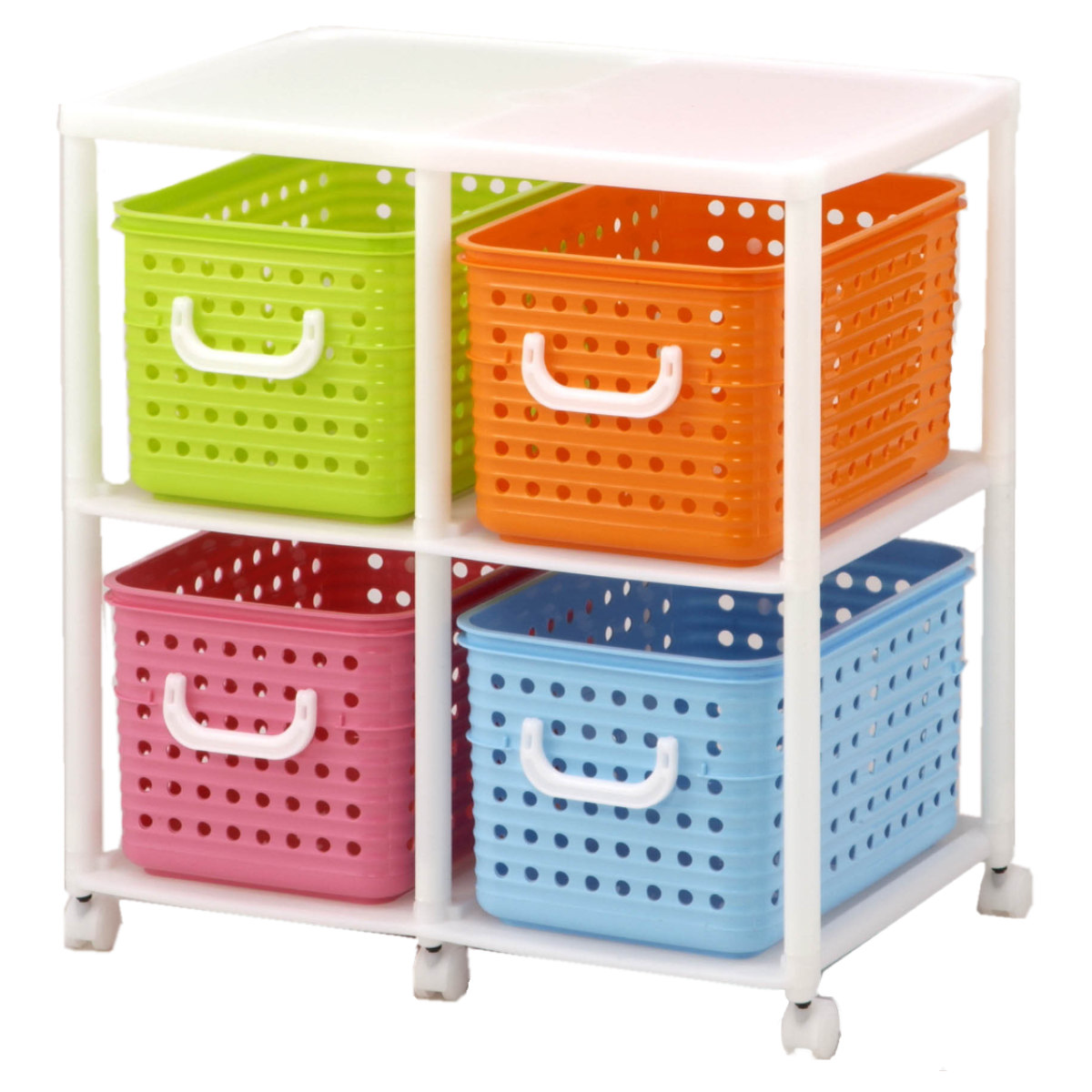 おもちゃ箱 幅66cm スリム バスケットラック 2段 キャスター付き バスケット 4個付き ( かご オモチャ入れ 収納ボックス ラック 衣類 収納 大容量 簡単組立 プラスチック 子供 子ども 引き出し ランドセルラック ランドリーラック ) 【ビタミン】 ビタミン