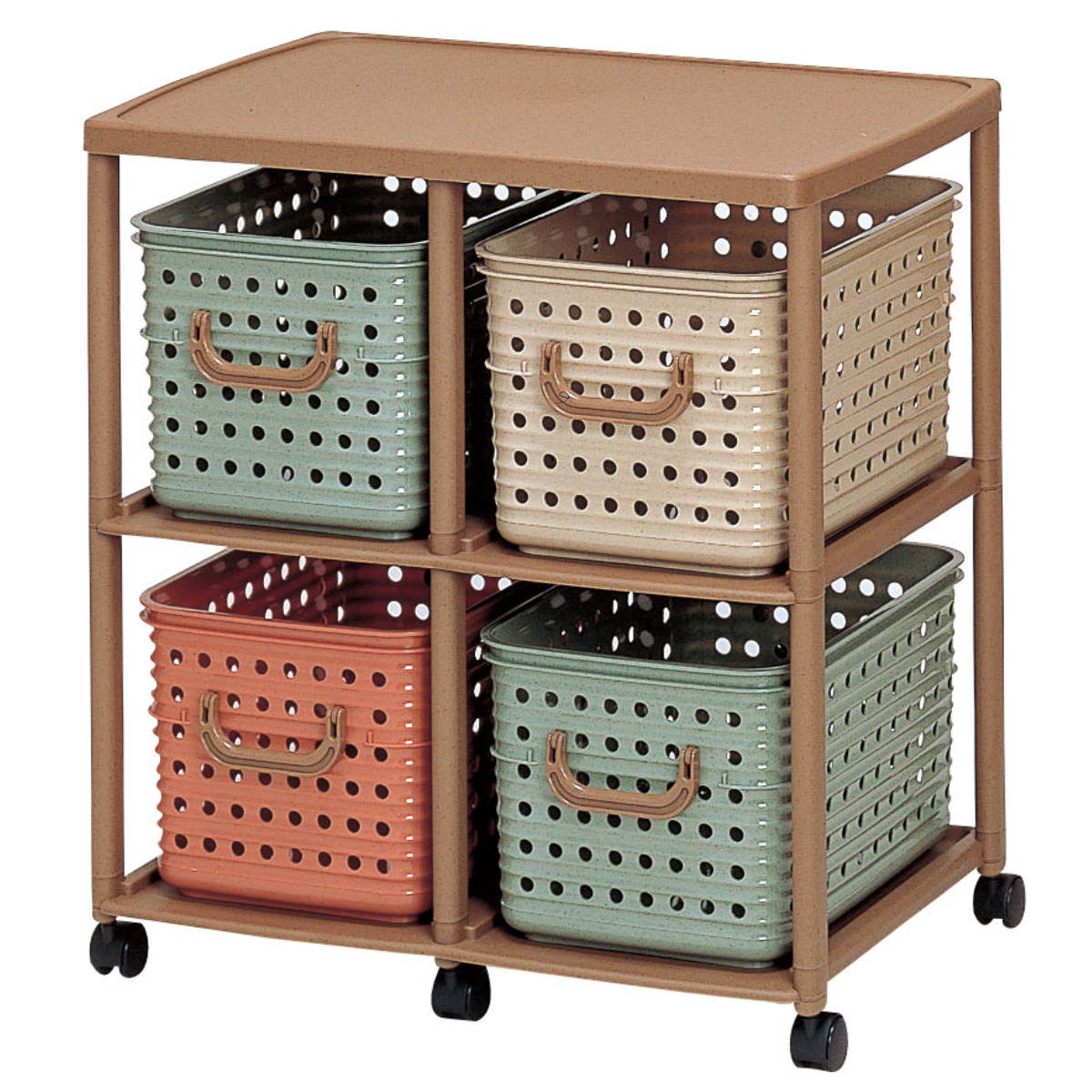 おもちゃ箱 幅66cm スリム バスケットラック 2段 キャスター付き バスケット 4個付き ( かご オモチャ入れ 収納ボックス ラック 衣類 収納 大容量 簡単組立 プラスチック 子供 子ども 引き出し ランドセルラック ランドリーラック ) 【ニュアンス】 ニュアンス