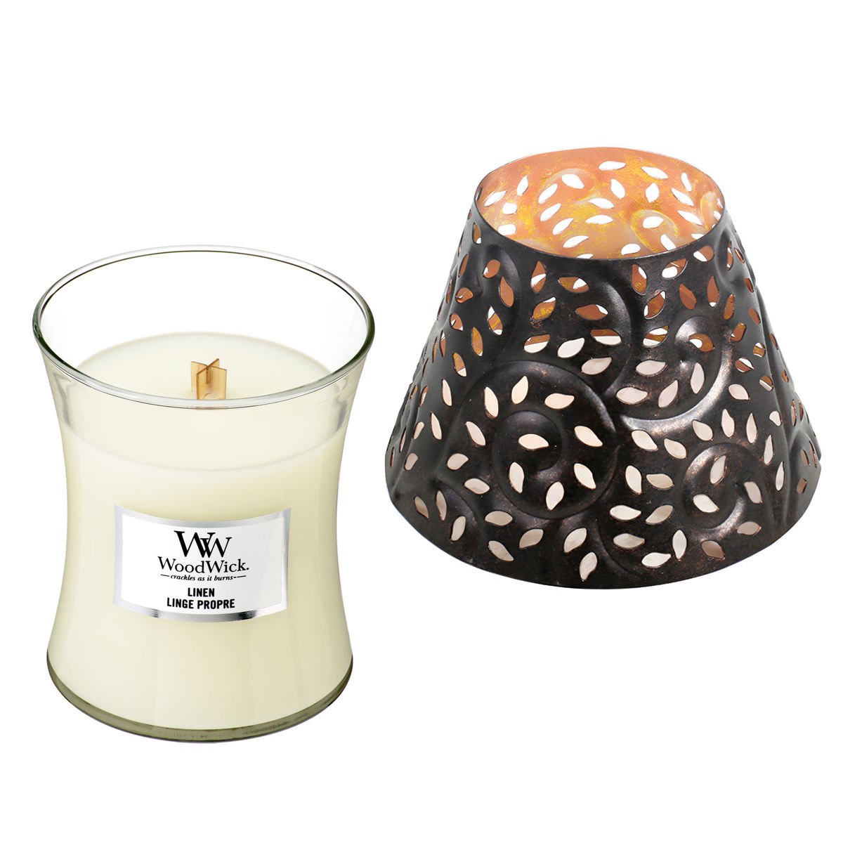 アロマキャンドル ウッドウィック WoodWick ジャーM シェード付き ( アロマ キャンドル ギフト ソイワックス 蓋付き おしゃれ 香り 木芯 焚き火 フレグランスキャンドル ルームフレグランス 木製芯 鉄製シェード ) 【リネン】 リネン