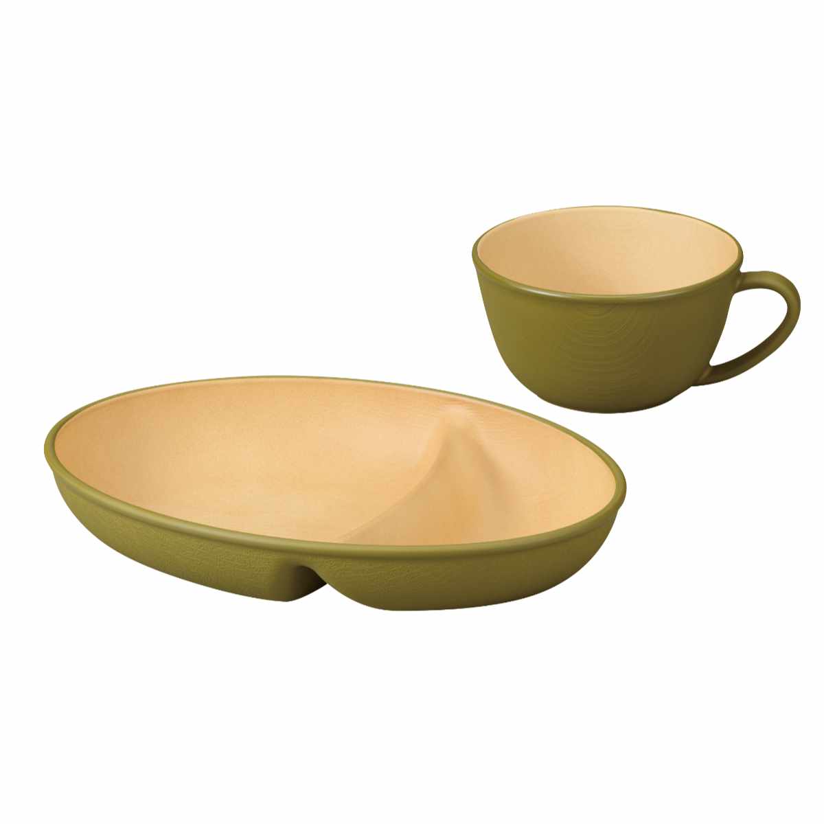 プレート カップ earth color ビストロセット 2個セット ( BPAフリー 日本製 抗菌 電子レンジ対応 食洗機対応 皿 お皿 器 うつわ 鉢 コップ おしゃれ かわいい スープカップ スープ 仕切り皿 ランチ皿 2つ仕切り 木目調 ) 【オリーブ】 オリーブ