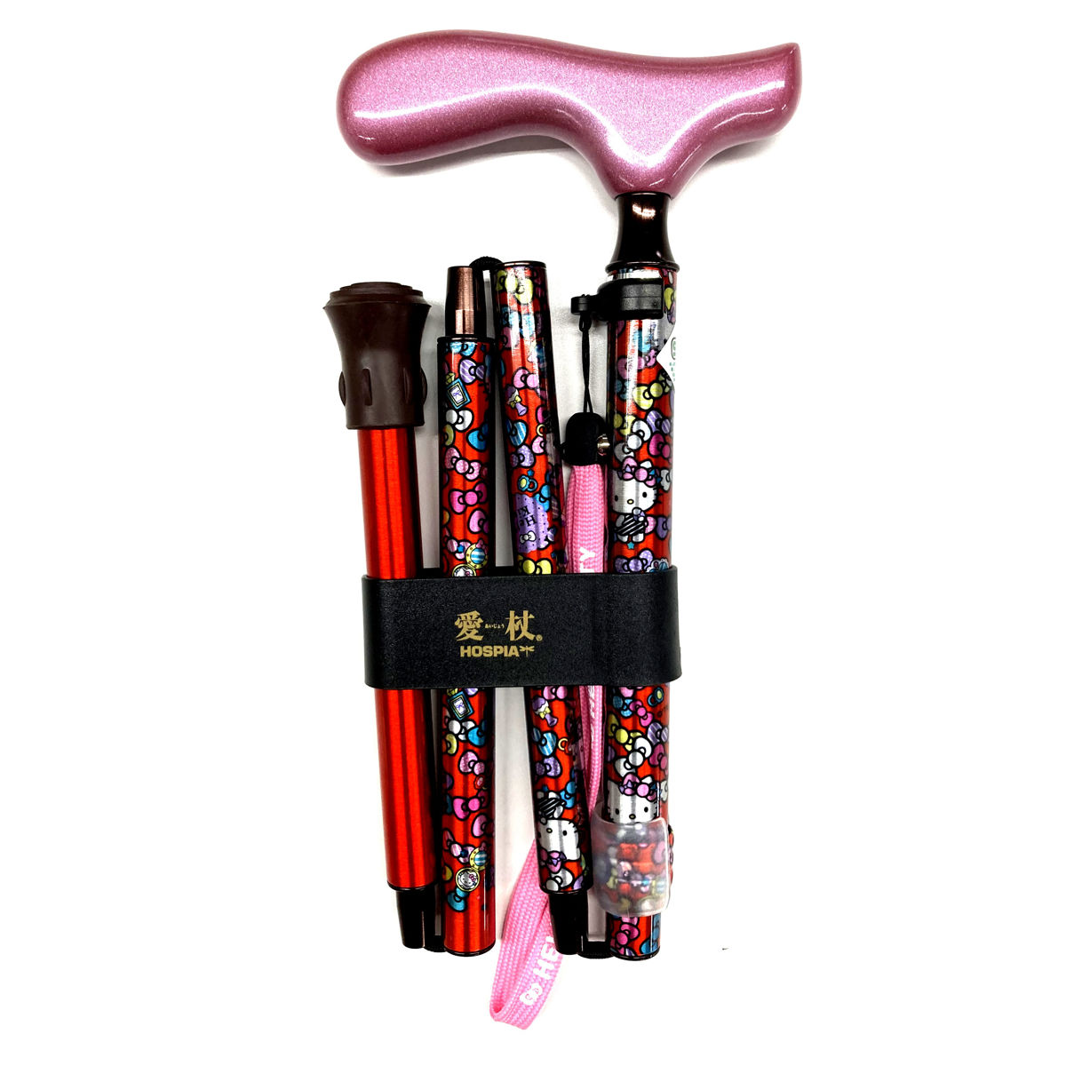 杖 折りたたみタイプ 愛杖 ハローキティ アルミ ( サンリオ キティ つえ ツエ 折りたたみ杖 長さ調節 自立 軽量 介護 歩行補助 高齢者 かわいい 介護用品 SGマーク 5段階調節 歩行 補助 リハビリ 衝撃吸収 転倒防止 ストラップ付き ) 【レッド】 レッド