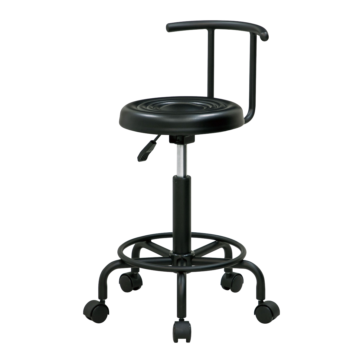 キャスターチェア 昇降式 背付タイプ ブラックフレーム ( ワークチェア デスクチェア カウンターチェア 高さ調節 丸 足掛け シンプル 背もたれ付き )