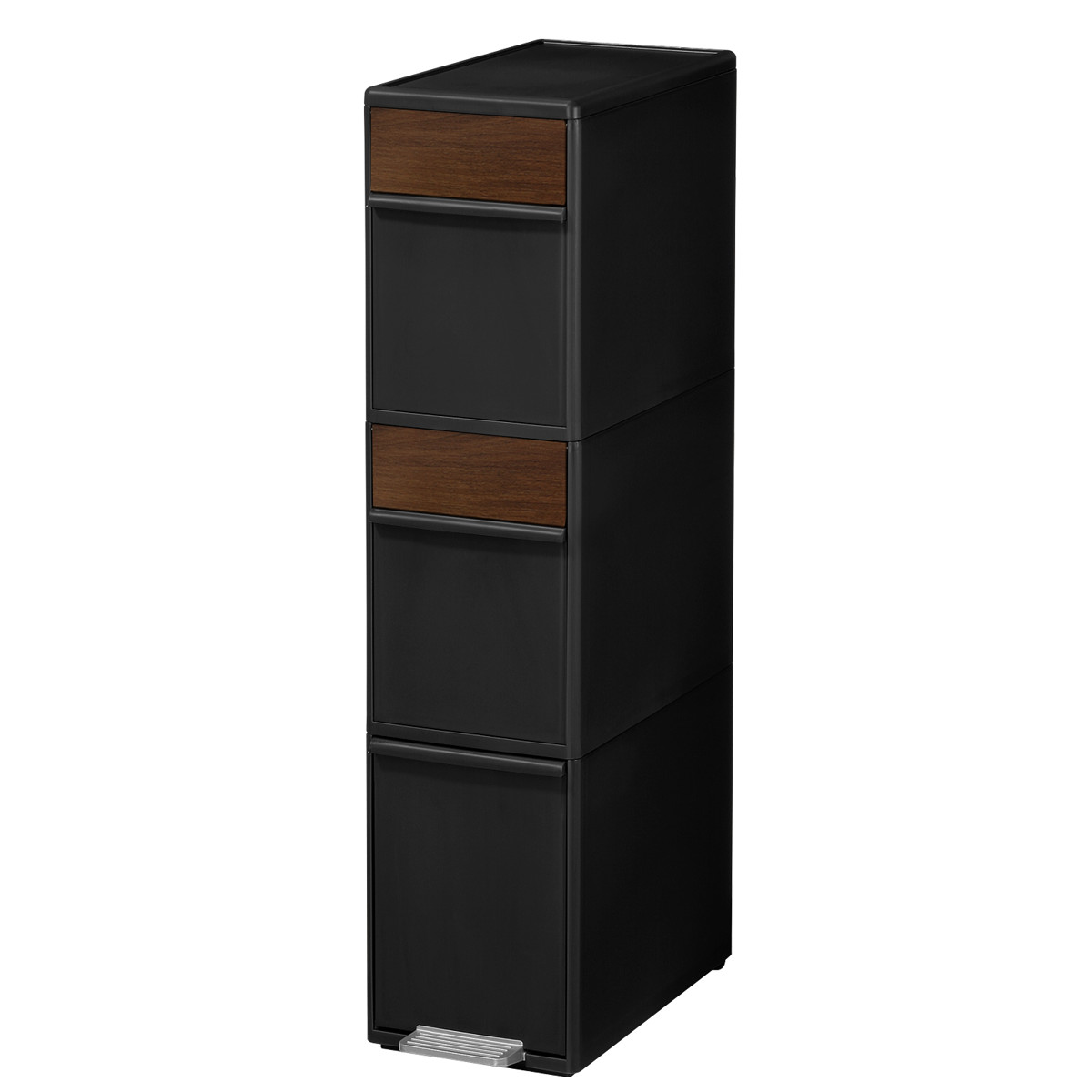 分別ゴミ箱 55L 幅25.5cm 3段 分別 スイングステーションワイド 木目調パネル ( 55リットル 縦型 ダストボックス ごみ箱 キッチン スリム ペダル式 ふた付き シンプル 引き出し スイングふた ペダル 隙間 収納 ) 【ブラック】 ブラック