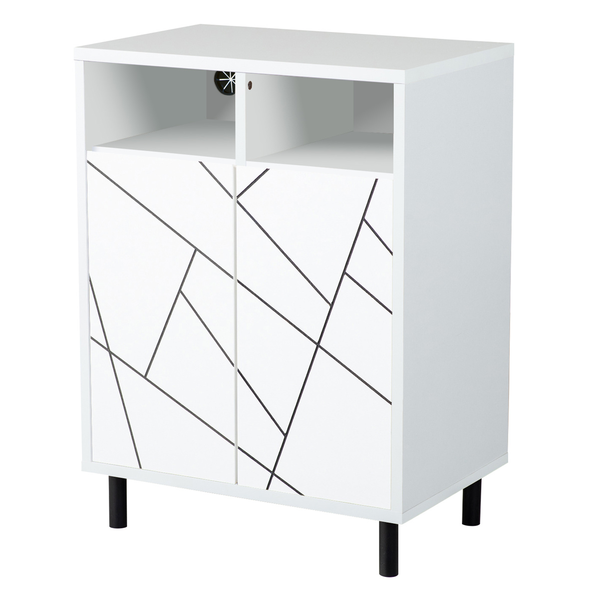 キャビネット 幅59cm 幾何学模様 ( カトレア 棚 ラック リビング収納 可動棚 お掃除ロボット対応 飾り棚 家具 幾何学柄 モノトーン ナチュラル ホワイト 配線穴 ) 【ホワイト】 ホワイト