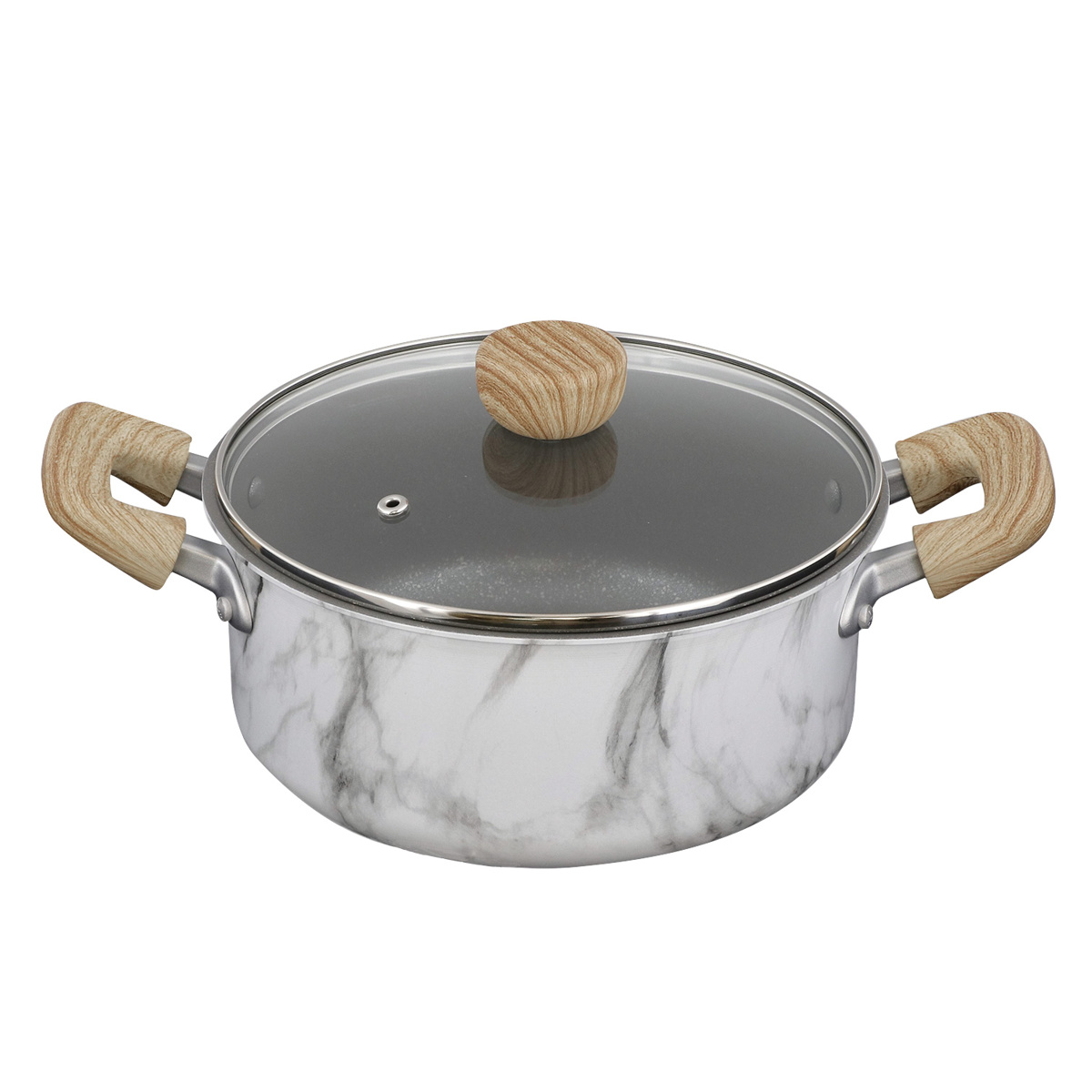 両手鍋 20cm IH対応 ふっ素樹脂加工 MARBLE KITCHEN キャセロール ( ガス火対応 オール熱源対応 両手なべ 鍋 ガラス蓋付き ふっ素加工 軽い 20センチ アルミ製 こびりつきにくい 軽量 大理石柄 おしゃれ ) 【ホワイト】 ホワイト