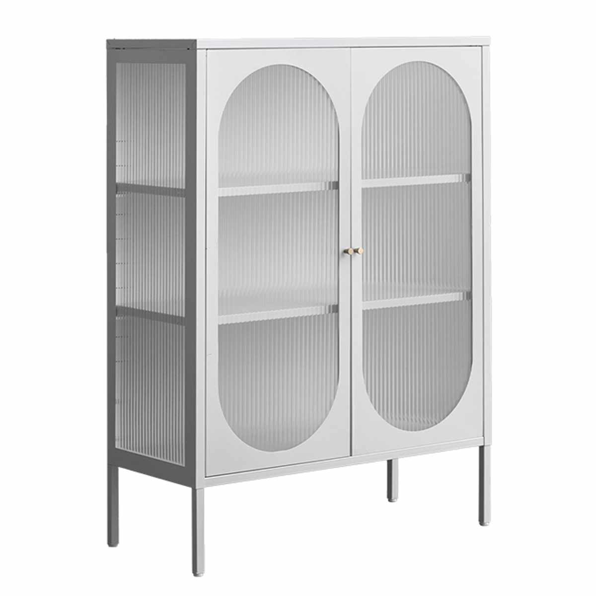 ガラスキャビネット 幅80cm Muun 可動棚 スチール 波板ガラス ( キャビネット 扉 ガラス扉 観音開き 両開き 本棚 ムーン スチールラック ラック 食器棚 飾り棚 キッチン リビング 小物収納 ガラス 透け感 ベージュ ホワイト ) 【ホワイト】 ホワイト