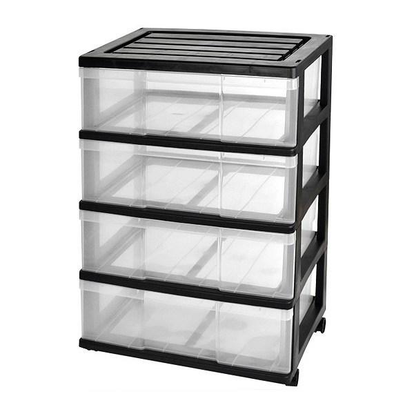 収納ケース ワイド収納ケース 4段 引き出し モノトーンカラー キャスター付き ( 収納ボックス 衣装ケース 衣類収納 子供部屋 子ども部屋 クローゼット収納 チェスト プラスチック 押入れ 収納 ケース 引出し スタッキング ) 【ブラック】 ブラック