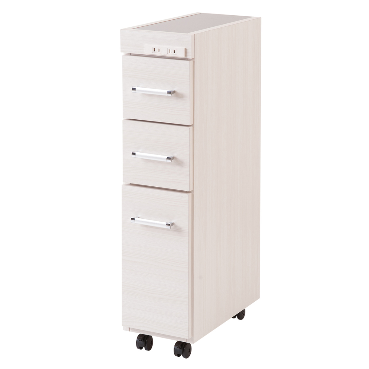 スリムキッチンワゴン 幅20cm ステンレス天板 2口コンセント 日本製 完成品 ( Sinker キッチンワゴン スリム 隙間収納 キャスター付 ワゴン スリムタイプ 作業台 コンセント付 引出し ナチュラル ホワイト ) 【ホワイト】 ホワイト