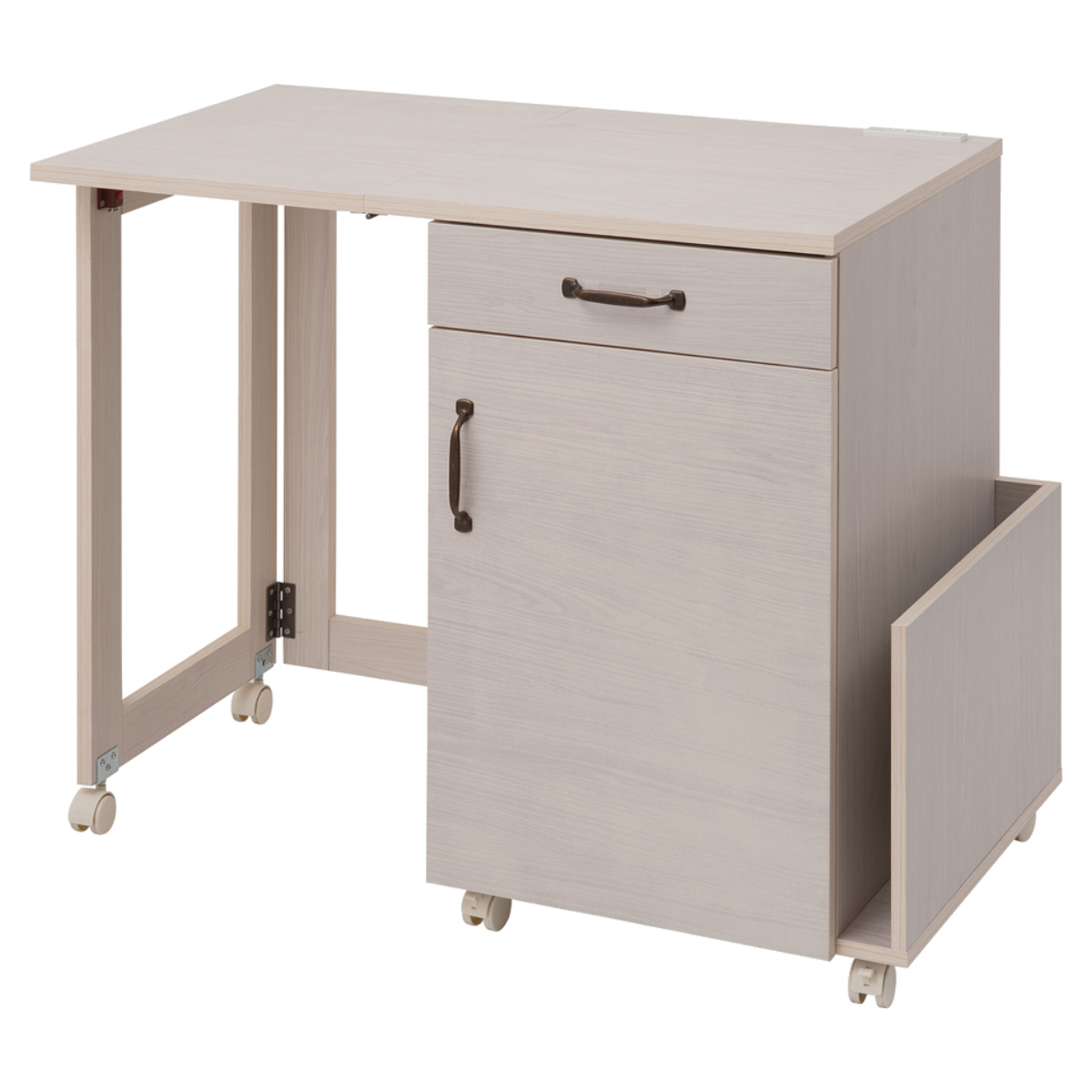 ミシン台 幅97cm 折りたたみテーブル 2口コンセント付 ワゴン式 ホワイト木目 ( Late ラテ 作業台 家事机 ワゴン 収納 コンセント付 折りたたみ テーブル アイロン台 ラック 棚 ナチュラル ホワイト 白 コンパクト ) 【ホワイト】 ホワイト