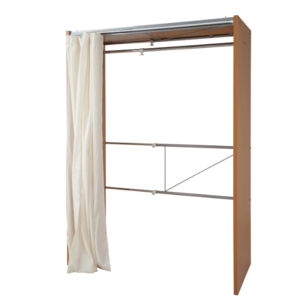 伸縮クローゼット 最大幅125cm ハンガーラック カーテン付き 日本製 ( 衣類収納 大型 木製 コートハンガー 伸縮式 ワードローブ パイプハンガー ) 【ナチュラル】 ナチュラル