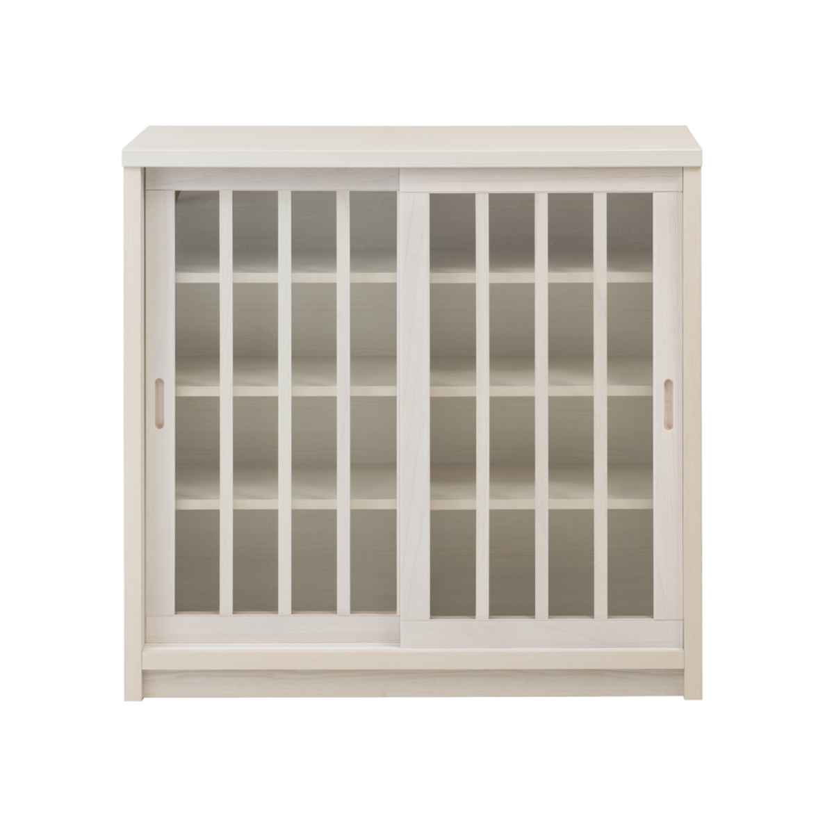 キャビネット 幅90.5cm ガラス引き戸 縦格子 和モダン調 日本製 完成品 ( 棚 ラック 収納チェスト 収納 格子 引き戸 天然木 桐 木製 家具 食器棚 可動棚 ホワイト ブラウン おしゃれ ) 【ホワイト】 ホワイト