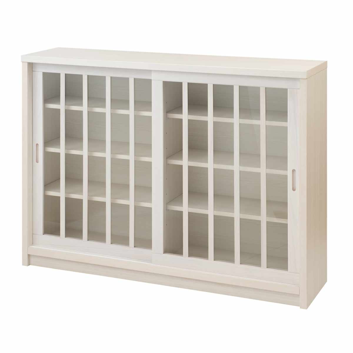 キャビネット 幅120.5cm ガラス引き戸 縦格子 和モダン調 日本製 完成品 ( 棚 ラック 収納チェスト 収納 格子 引き戸 天然木 桐 木製 家具 食器棚 可動棚 ホワイト ブラウン おしゃれ ) 【ホワイト】 ホワイト