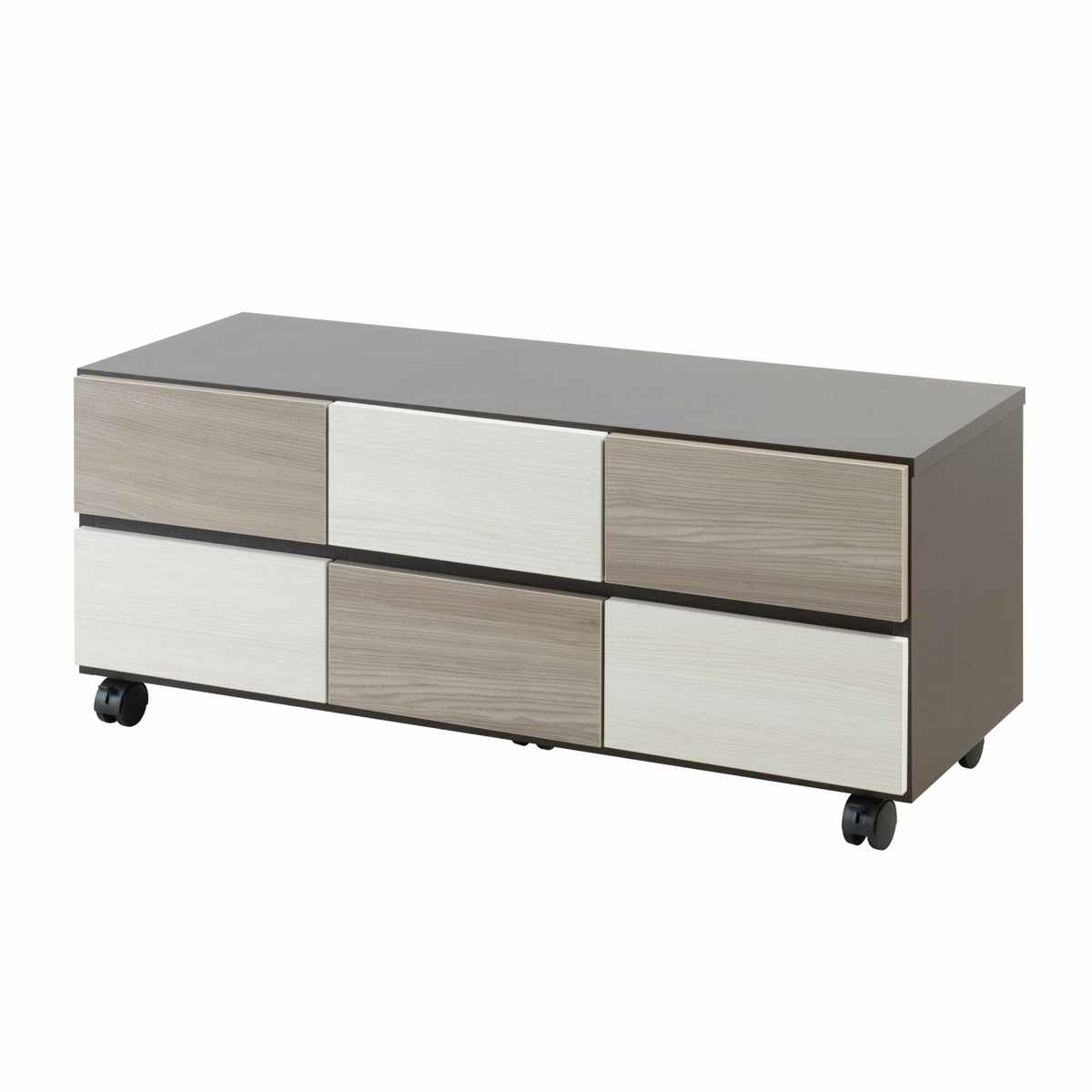チェスト 幅104.5cm グレートーン キャスター付 日本製 完成品 ( 棚 ラック スクエア バイカラーA4対応 2段6杯 グレー A4サイズ シンプル キャビネット テレビ台 スライドレール )