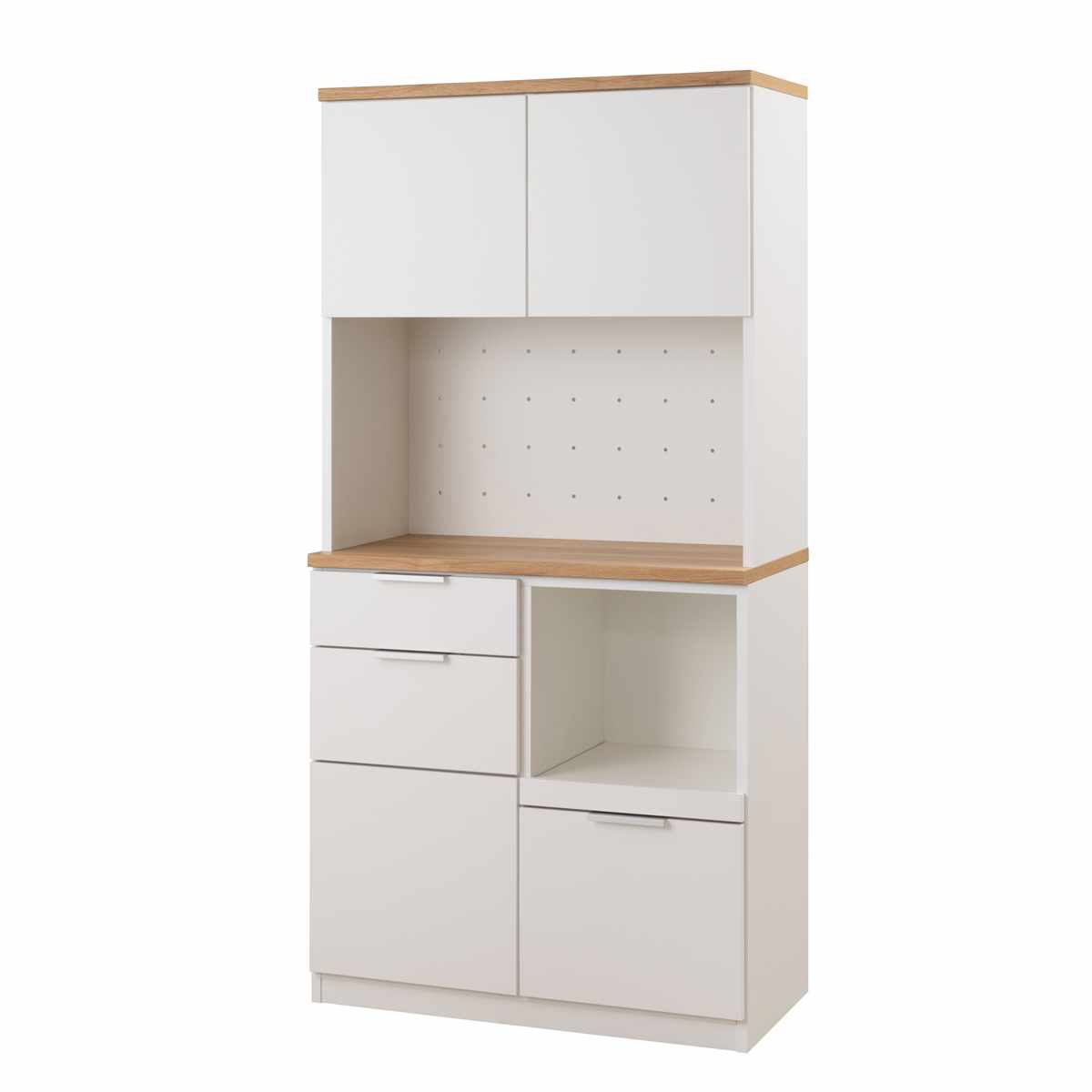 キッチンボード 幅89.5cm コンセント付 フルスライドレール 日本製 ( 食器棚 ホワイト 木目調 可動棚 家電 レンジ台 キッチン収納 スライド棚 3口コンセント 電子レンジ 炊飯器 白 収納 90cm )