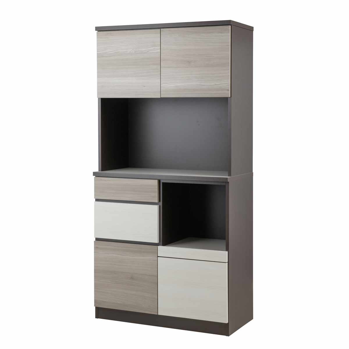 キッチンボード 幅90cm スリートーン フルスライドレール 日本製 ( 食器棚 ブラック 木目調 可動棚 家電 レンジ台 キッチン収納 スライド棚 3口コンセント 電子レンジ 炊飯器 黒 収納 90cm )