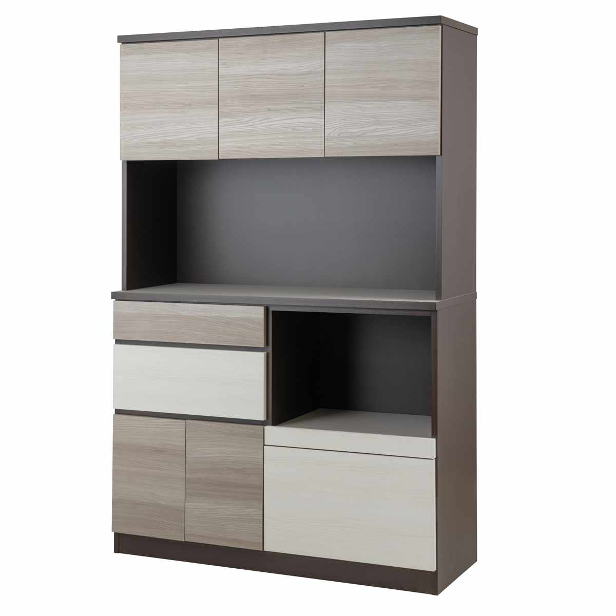 キッチンボード 幅120cm スリートーン フルスライドレール 日本製 ( 食器棚 ブラック 木目調 可動棚 家電 レンジ台 キッチン収納 スライド棚 4口コンセント 電子レンジ 炊飯器 黒 収納 120cm レンジラック )