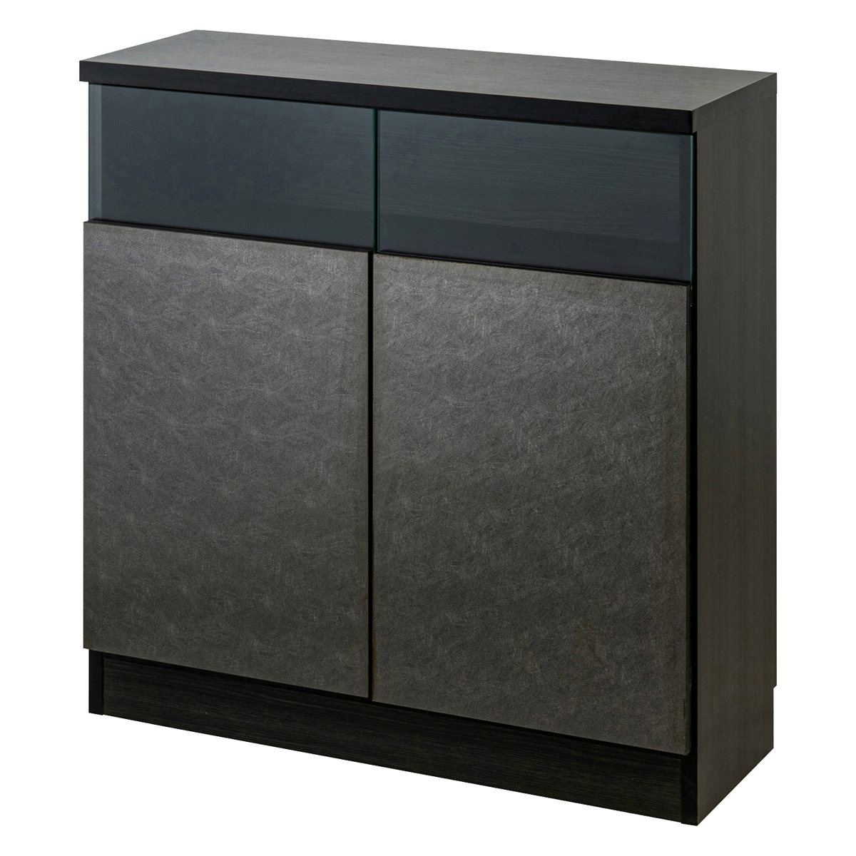 カウンター下収納 幅79cm キャビネット 日本製 完成品 ガラス窓 ( 棚 ラック メタリック カウンター下 可動棚 ルーター収納 ディスプレイ 窓下 組み合わせ 収納 家具 薄型 奥行スリム マットブラック グレー )