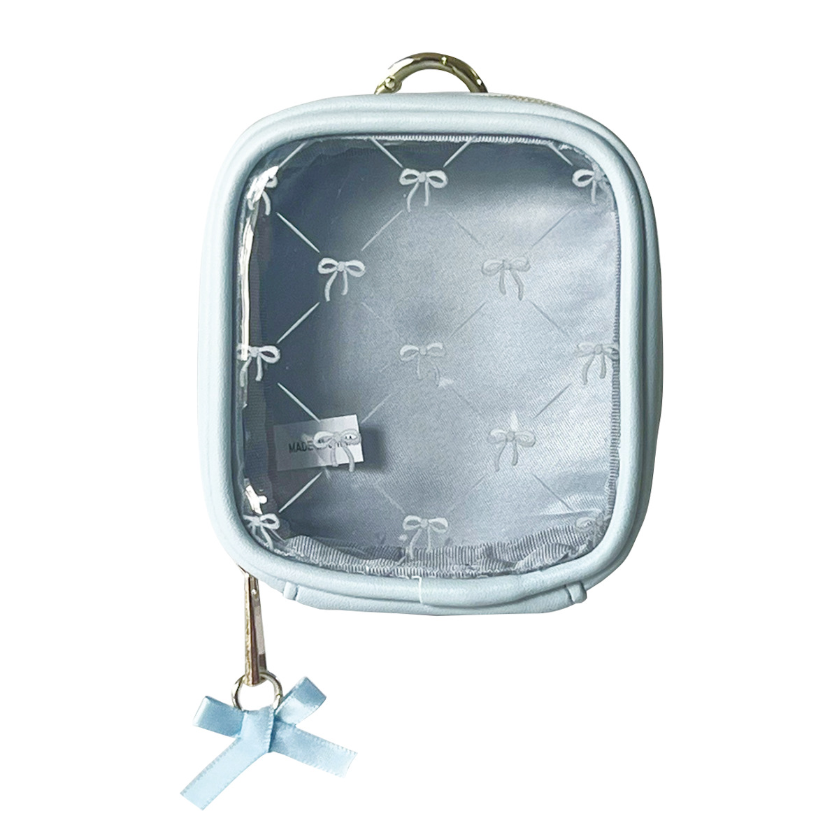 ポーチ リボン カラビナ クリアミニポーチ カラビナ付き ( 透明 ビニール ミニポーチ コスメ ぬいぐるみ 収納 持ち運び 収納ポーチ 小物入れ ビニールポーチ ぬいぐるみポーチ 小さめ キーホルダー バッグチャーム かわいい ) 【ブルー】 ブルー