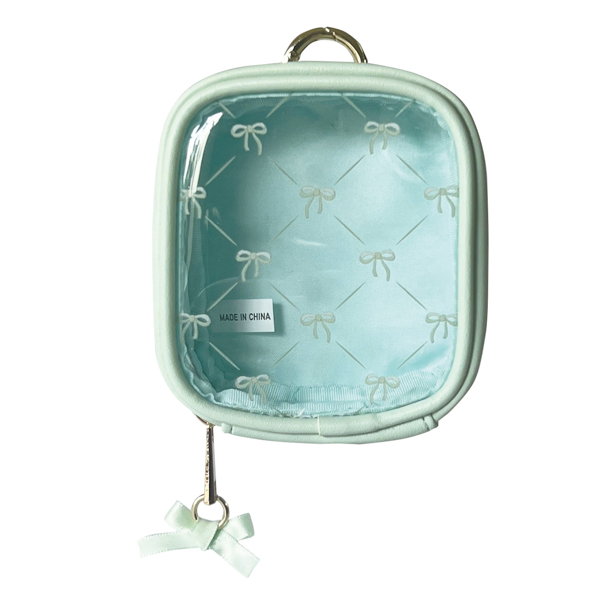 ポーチ リボン カラビナ クリアミニポーチ カラビナ付き ( 透明 ビニール ミニポーチ コスメ ぬいぐるみ 収納 持ち運び 収納ポーチ 小物入れ ビニールポーチ ぬいぐるみポーチ 小さめ キーホルダー バッグチャーム かわいい ) 【グリーン】 グリーン