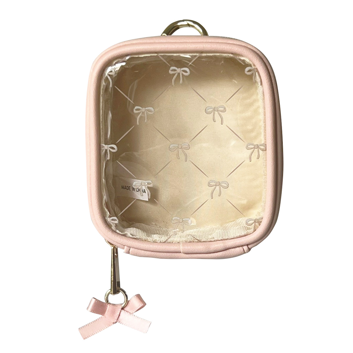 ポーチ リボン カラビナ クリアミニポーチ カラビナ付き ( 透明 ビニール ミニポーチ コスメ ぬいぐるみ 収納 持ち運び 収納ポーチ 小物入れ ビニールポーチ ぬいぐるみポーチ 小さめ キーホルダー バッグチャーム かわいい ) 【ピンク】 ピンク