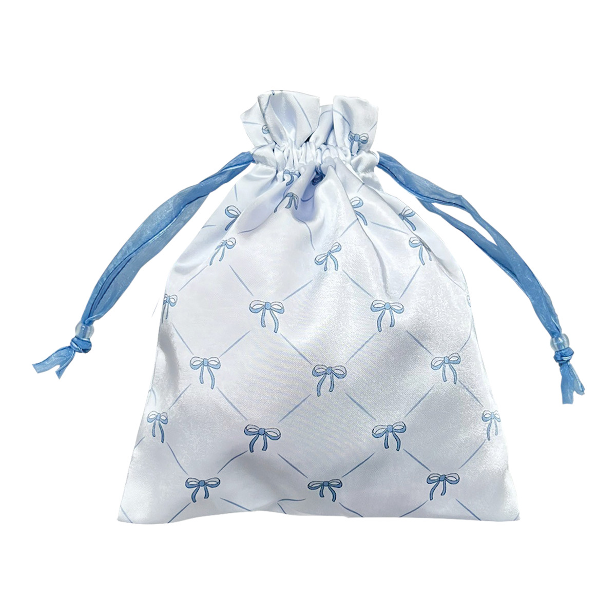 巾着 リボン サテン 巾着ポーチ ( 巾着袋 小物入れ 持ち運び 収納ポーチ メイクポーチ 手提げ 旅行 バッグインバッグ 巾着バッグ 小物収納 ハンドバッグ プレゼント おしゃれ 大人 かわいい 雑貨 ) 【ブルー】 ブルー