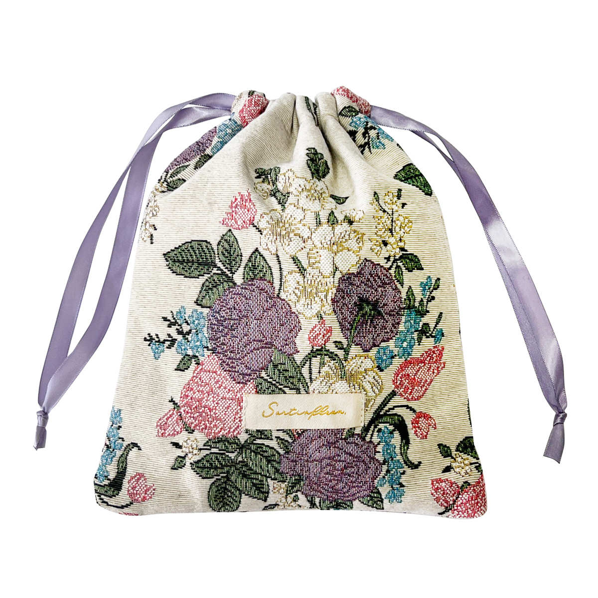 巾着 ポーチ ジャガード織り 花柄 小物入れ 収納 ( 巾着袋 持ち運び 収納ポーチ メイクポーチ 手提げ 旅行 バッグインバッグ 巾着バッグ 小物収納 ハンドバッグ プレゼント おしゃれ 大人 かわいい 雑貨 ) 【アイボリー】 アイボリー