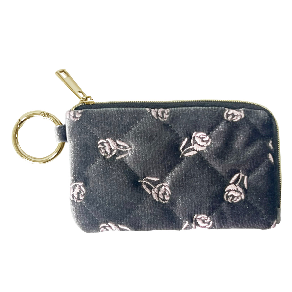 小物 収納 ベロア素材 カラビナ付き コンパクト ポーチ ( ミニポーチ 小物入れ イヤホンポーチ イヤホン入れ 持ち歩き イヤホン リップ 通勤 通学 コスメポーチ キーホルダー 薄い スリム ケース ベロア かわいい 雑貨 プレゼント ) 【グレー】 グレー