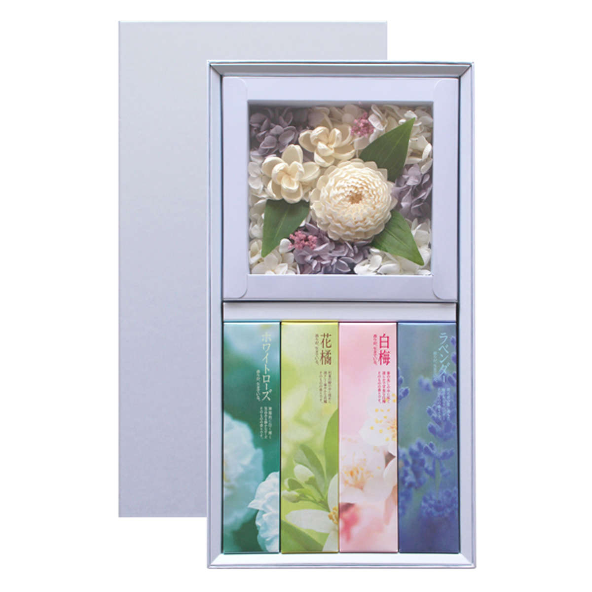 線香 セット かたりべ 飾れる フラワーボックス ギフト アレンジメントフラワー ( ギフトセット お線香 フラワー 進物線香 進物用 煙少なめ 日本香堂 お供え 香典 法事 仏壇 仏前 お墓参り 喪中見舞い 新盆 お盆 贈答 箱入り )