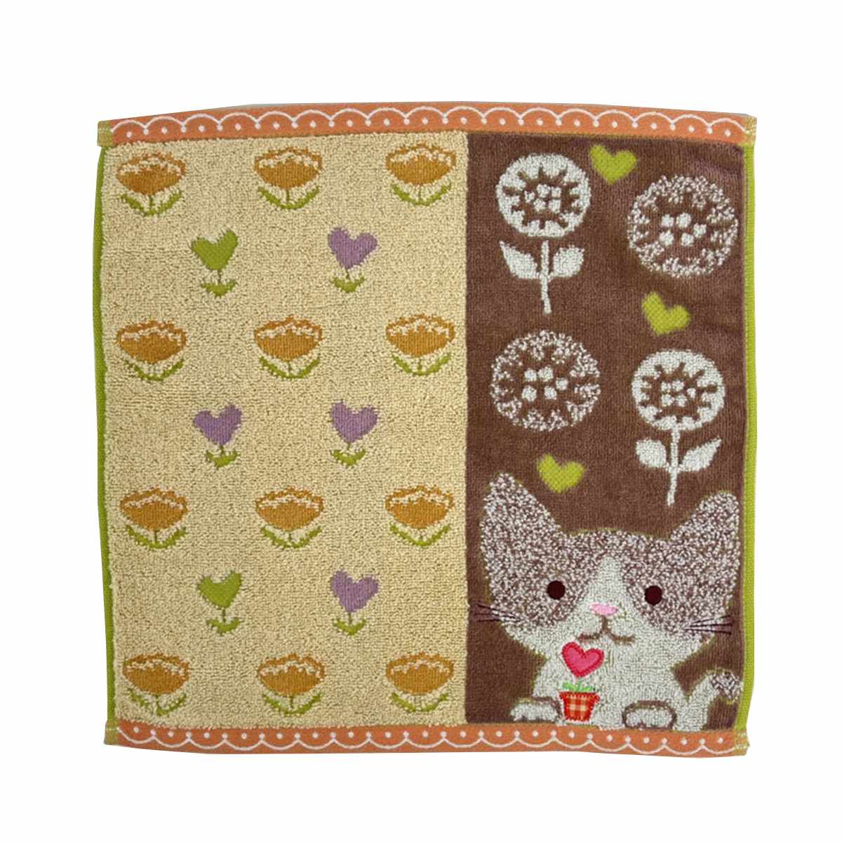 タオル フレル ホイップクリーム ウォッシュタオル 34×34cm ( ハンドタオル たおる ハンカチ 手拭き 綿100% 吸水 アニマル柄 ジャガード織 手拭きタオル 汗拭き ふんわり 34×34 カエル クマ ネコ ウサギ アルパカ イヌ ) 【ネコ】 ネコ