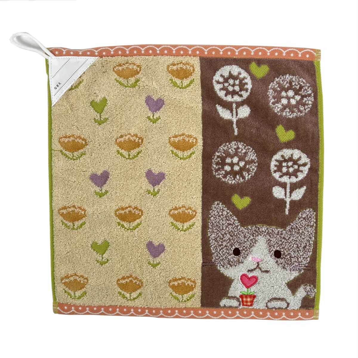 タオル フレル ホイップクリーム ループ付き ウォッシュタオル 34×34cm ( ループタオル たおる 手拭き 綿100% 吸水 アニマル柄 ジャガード織 手拭きタオル ネームタグ ふんわり 34×34 カエル クマ ネコ ウサギ アルパカ イヌ ) 【ネコ】 ネコ