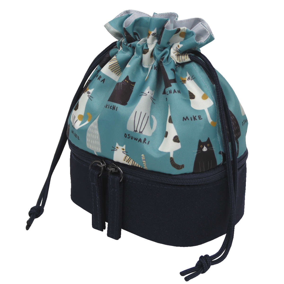 ポーチ 巾着 ダブルポーチ ネコ ( コスメポーチ 猫 ねこ 顔 巾着袋 小物入れ 動物 マルチポーチ 持ち歩き 撥水 バッグ かばん 鞄 小物収納 マルチケース かわいい 雑貨 プレゼント おしゃれ ) 【ブルーグレー】 ブルーグレー