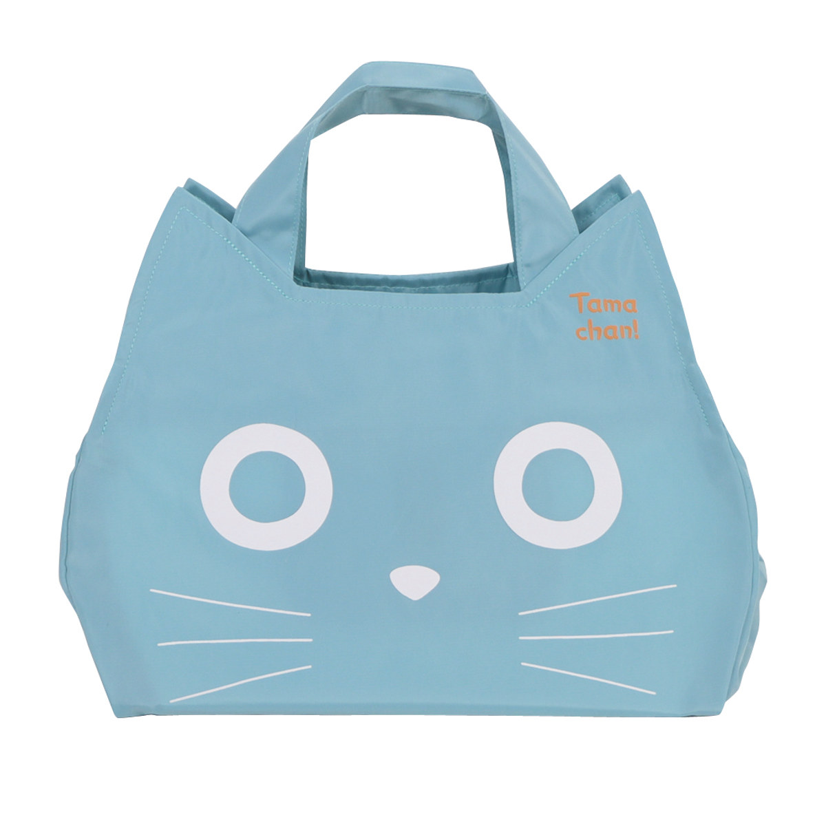 エコバッグ たまちゃん フェイス コンビニバッグ マチあり ダイカット ( マイバッグ エコバック マイバック レジ袋 コンパクト トート マチ 手提げ 軽量 撥水 マチ広 ランチバッグ コンビニ弁当 レジバッグ ネコ ねこ型 ) 【ブルーグリーン】 ブルーグリーン