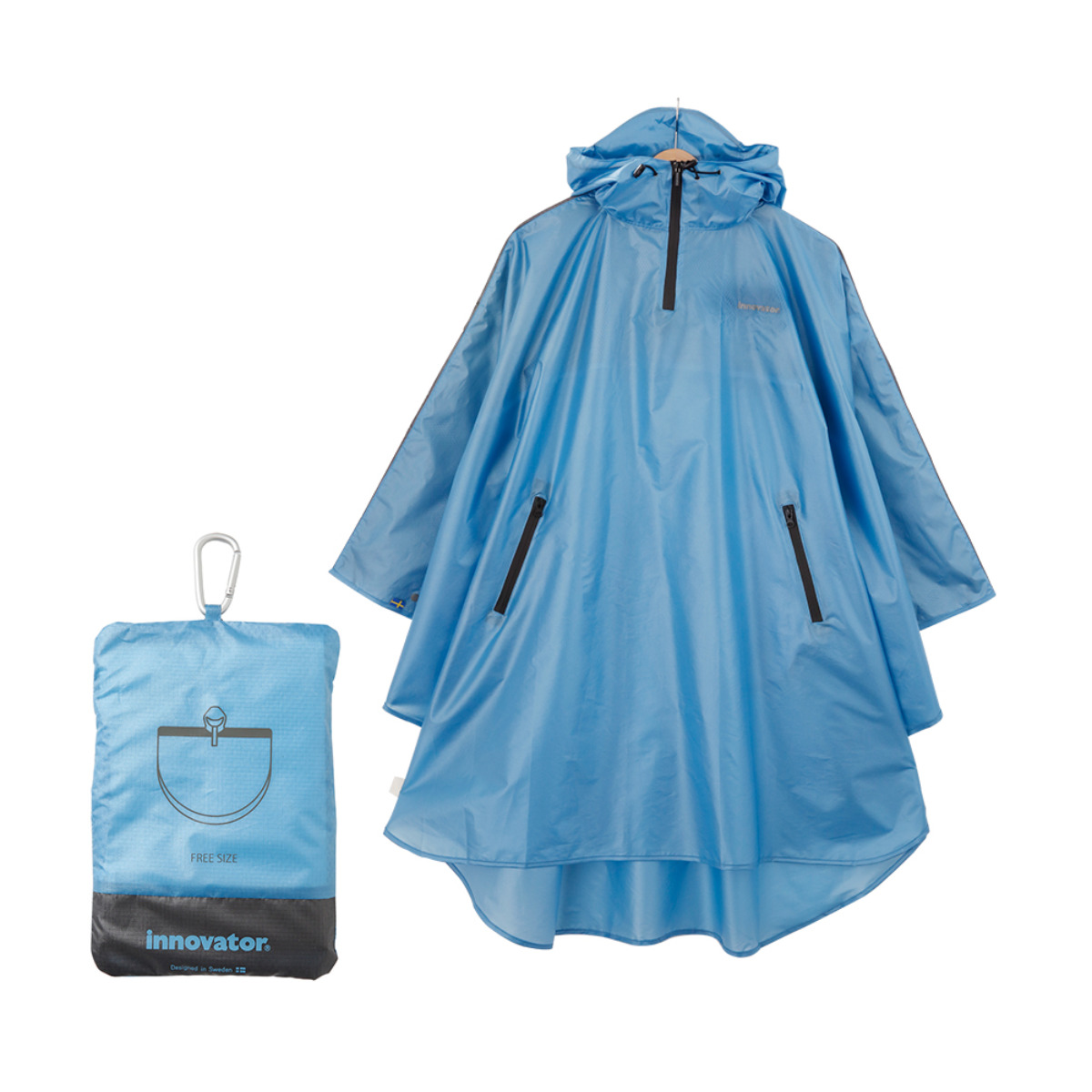 レインコート innovator レインポンチョ コンパクト フリーサイズ ( カッパ 雨合羽 レインウェア かっぱ 合羽 雨具 撥水 収納袋付き ポンチョタイプ 大人 男女兼用 ロング 自転車 リュック 通勤 通学 ) 【ライトブルー】 ライトブルー