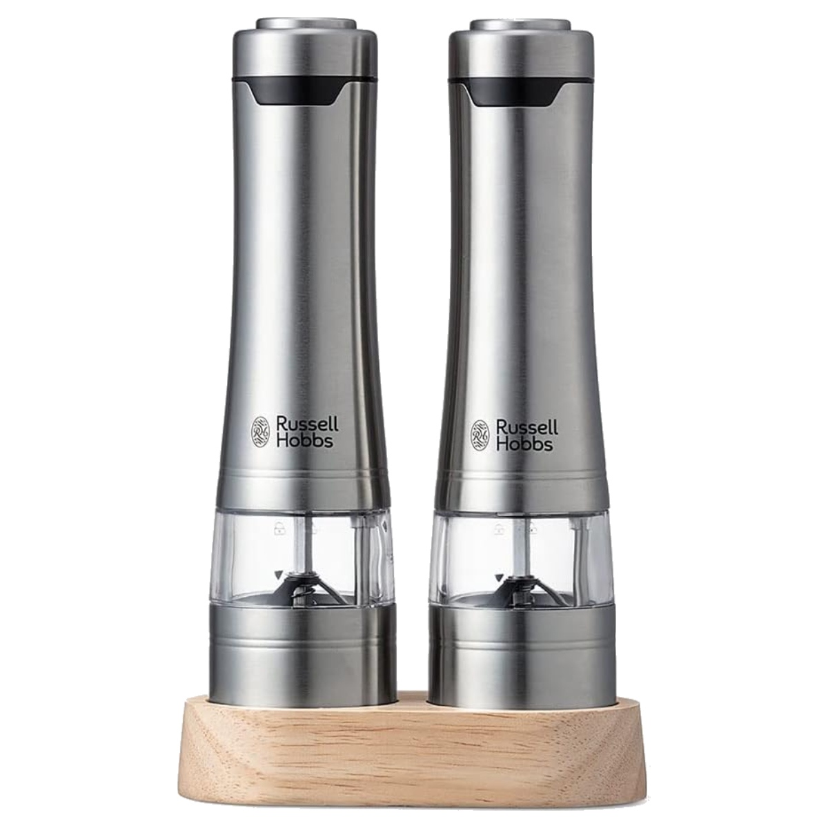 Russell Hobbs 電動ミル 2本セット 木製スタンド付き ソルト&ペッパーミル ( ラッセルホブス ミル 2個 LEDライト 電池式 ソルトミル ペッパーミル ワンプッシュ セラミック刃 ウッドスタンド付き 胡椒 岩塩 )