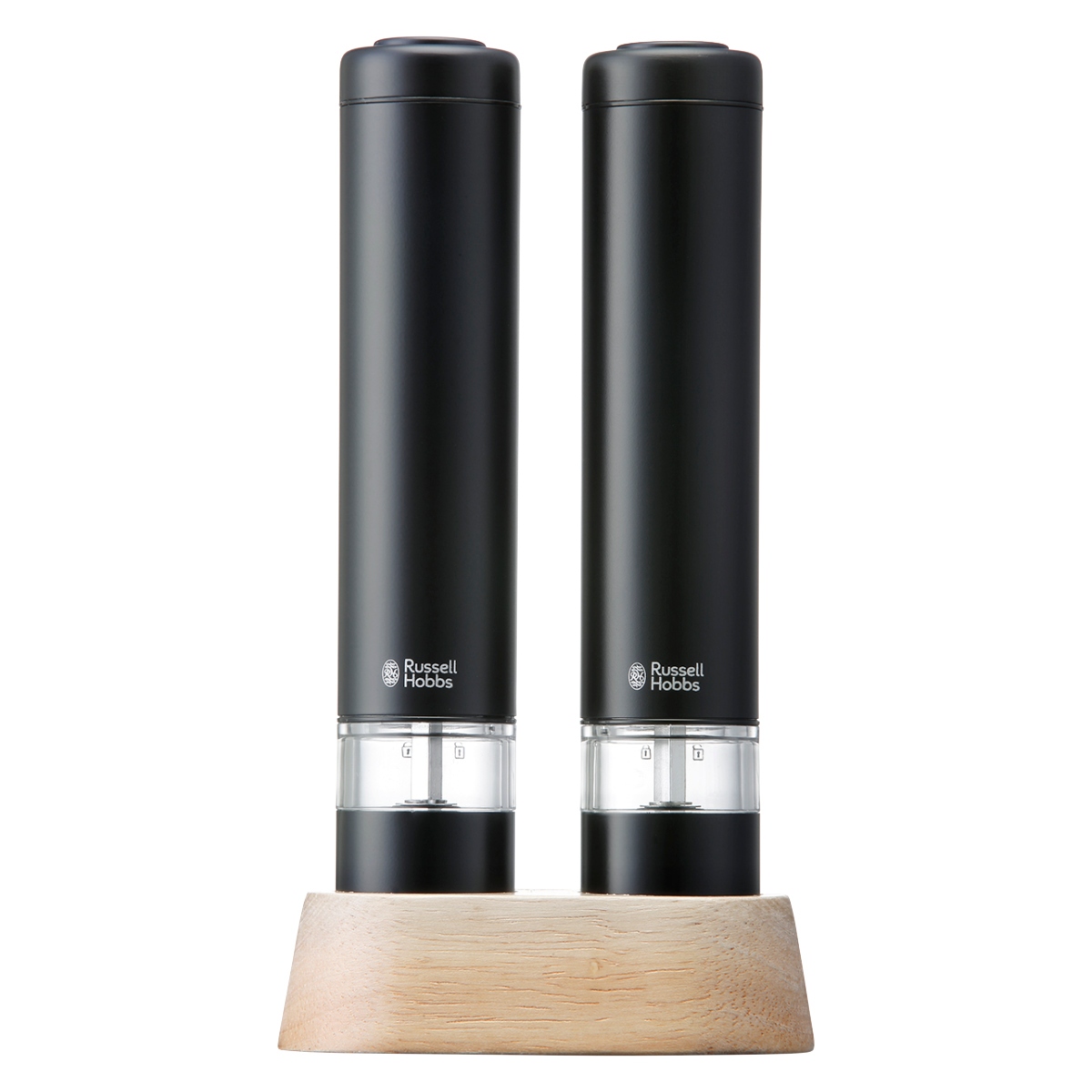 Russell Hobbs 電動ミル ミニ 2本セット 木製スタンド付き ソルト&ペッパーミル ( ラッセルホブス ミル 2個 LEDライト 電池式 ソルトミル ワンプッシュ セラミック刃 ウッドスタンド付き 小さめ 胡椒 岩塩 ) 【ブラック】 ブラック