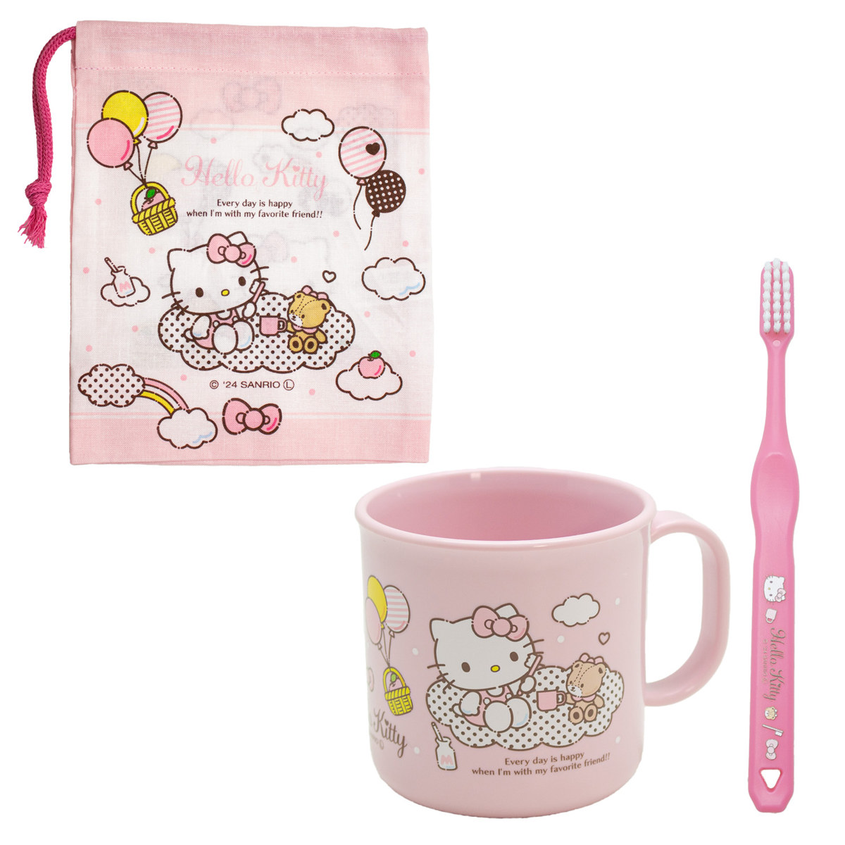 はみがきセット ハローキティ ( 歯ブラシセット コップ 携帯用 子ども用歯ブラシ キャップ付き 日本製 巾着付き 歯ブラシケース 携帯用歯磨き セット ケース 歯磨き 巾着 キッズ )