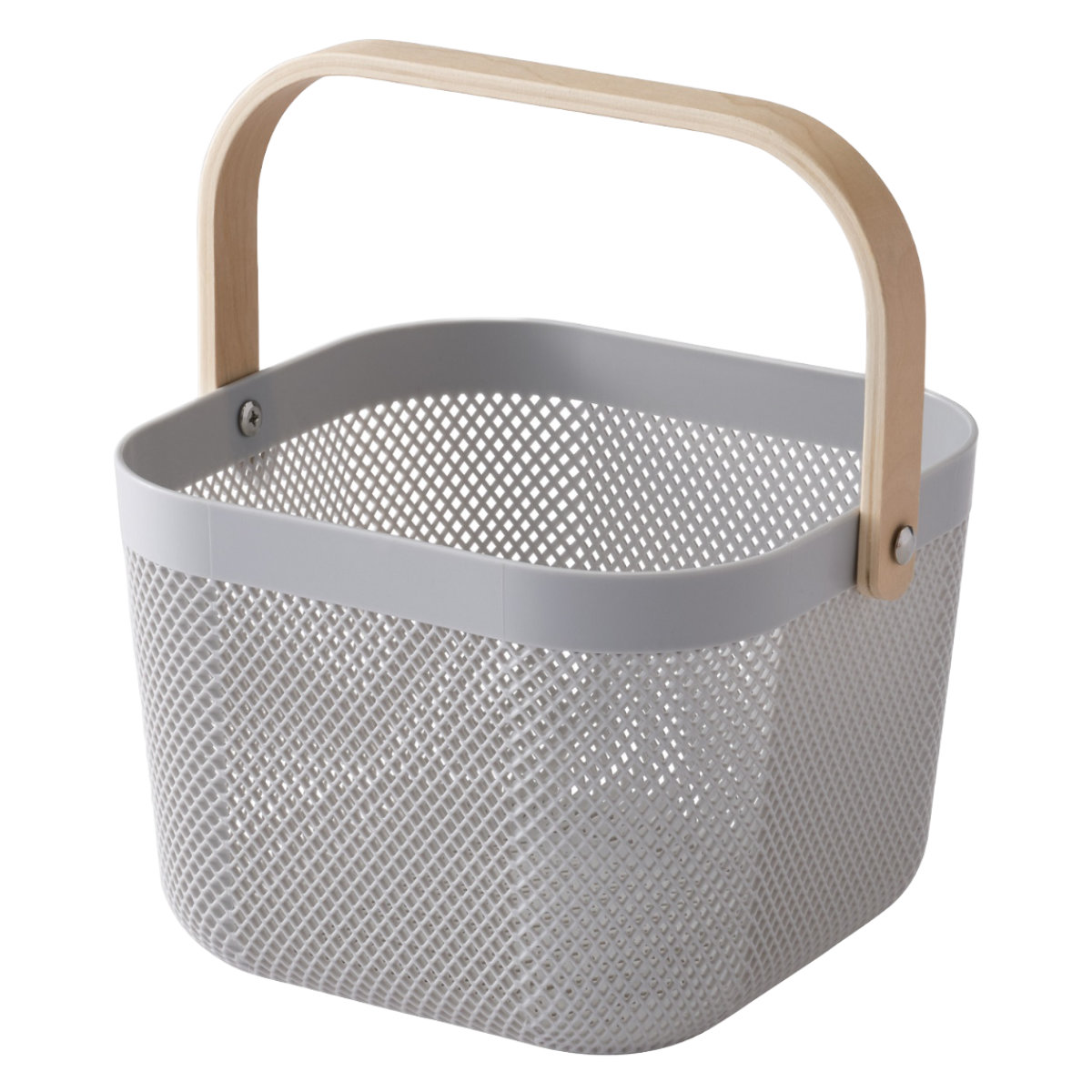 かご 木製 持ち手付き スクエアバスケット 幅24×奥行24×高さ18cm ( 収納 メッシュバスケット バスケット 収納バスケット プラスチック製 小物入れ カゴ ハンドル付き リビング キッチン おもちゃ タオル ストック おしゃれ ) 【ライトグレー】 ライトグレー