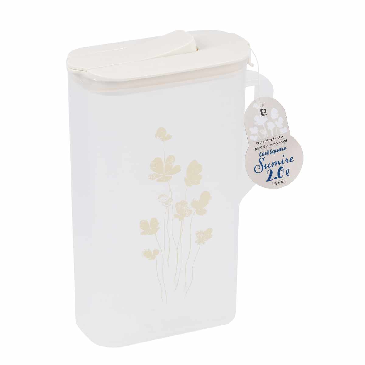 冷水ポット 2.0L クールスクエア スミレ ミモザ ( ピッチャー 冷水筒 日本製 パッキン一体型 プラスチック ワンプッシュ 麦茶ポット 大容量 水差し スリム 麦茶 水 広口 取っ手付き 片手 ) 【スミレ】 スミレ
