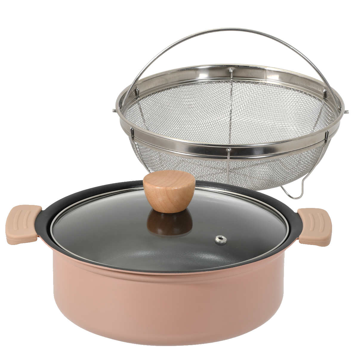 卓上鍋 24cm IH対応 ザル付き ガラス蓋付き 両手鍋 ( ガス火対応 ふっ素加工 軽い 蓋付き 24センチ 鍋 卓上なべ ハンドルカバー付き 2人用 3人用 季節鍋 蒸し料理 フッ素加工 アルミ製 軽量 丈夫 )