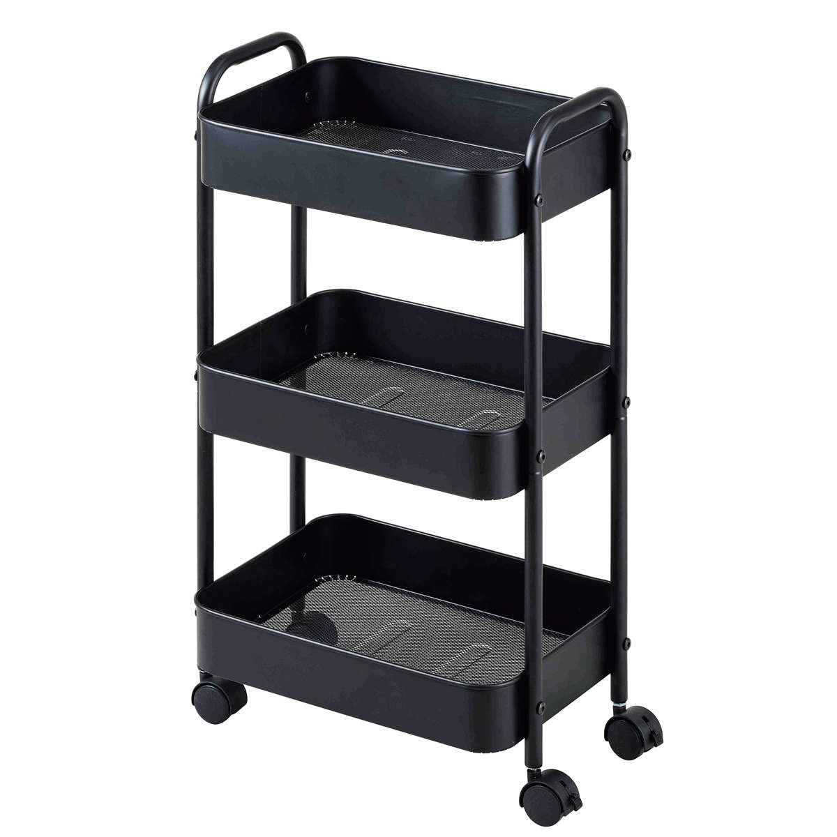 キッチン ワゴン スチールワゴン 3段 キャスター付き ( キッチンラック キッチンワゴン 収納 ラック スチール メッシュ キャスター かご バスケット ストッカー メッシュ底 キッチン収納棚 ベビーワゴン ベビー用品 デスク横 ) 【ブラック】 ブラック
