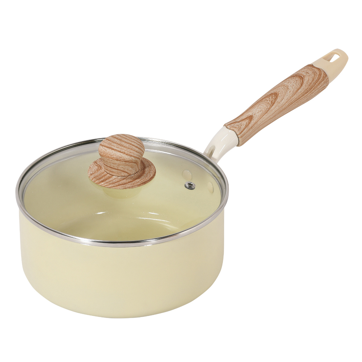 片手鍋 18cm IH対応 ガラス蓋付き セラミック ハルミック ( ガス火対応 片手なべ 鍋 セラミック加工 軽い 18センチ アルミ製 木目調ハンドル こびりつきにくい 軽量 耐久性 おしゃれ ) 【ペールイエロー】 ペールイエロー