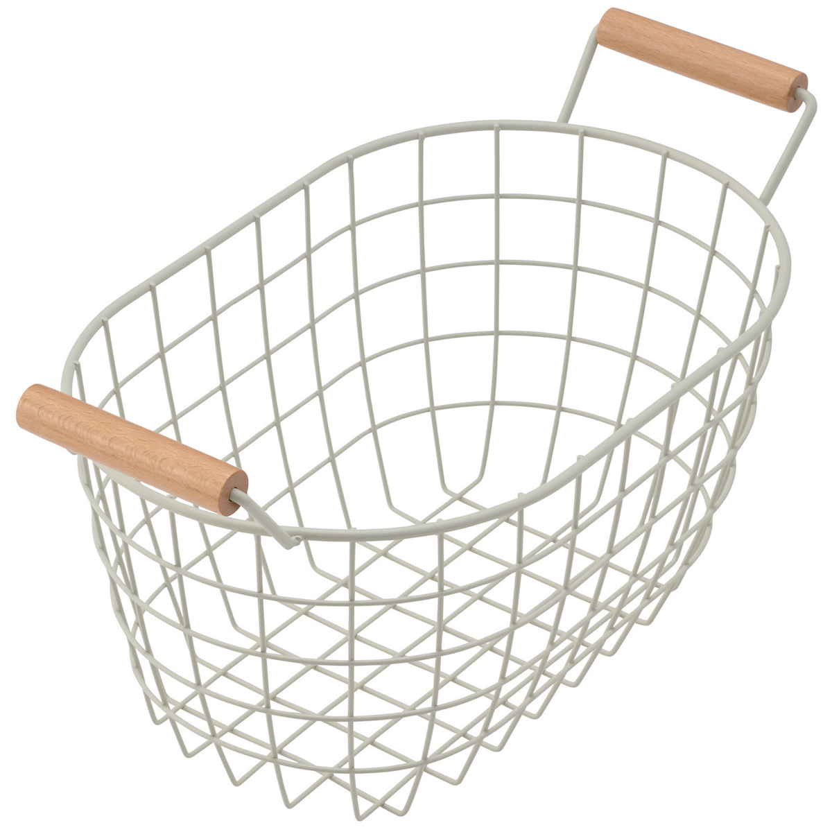 オーバルバスケット Sサイズ 幅33.5cm 木柄取っ手 バスケット かご ワイヤー ( 収納 カゴ 丸型 オーバル 楕円 持ち手付き スチール製 収納バスケット 小物入れ 小物収納 取って付き おしゃれ オシャレ ) 【サンドホワイト】 サンドホワイト