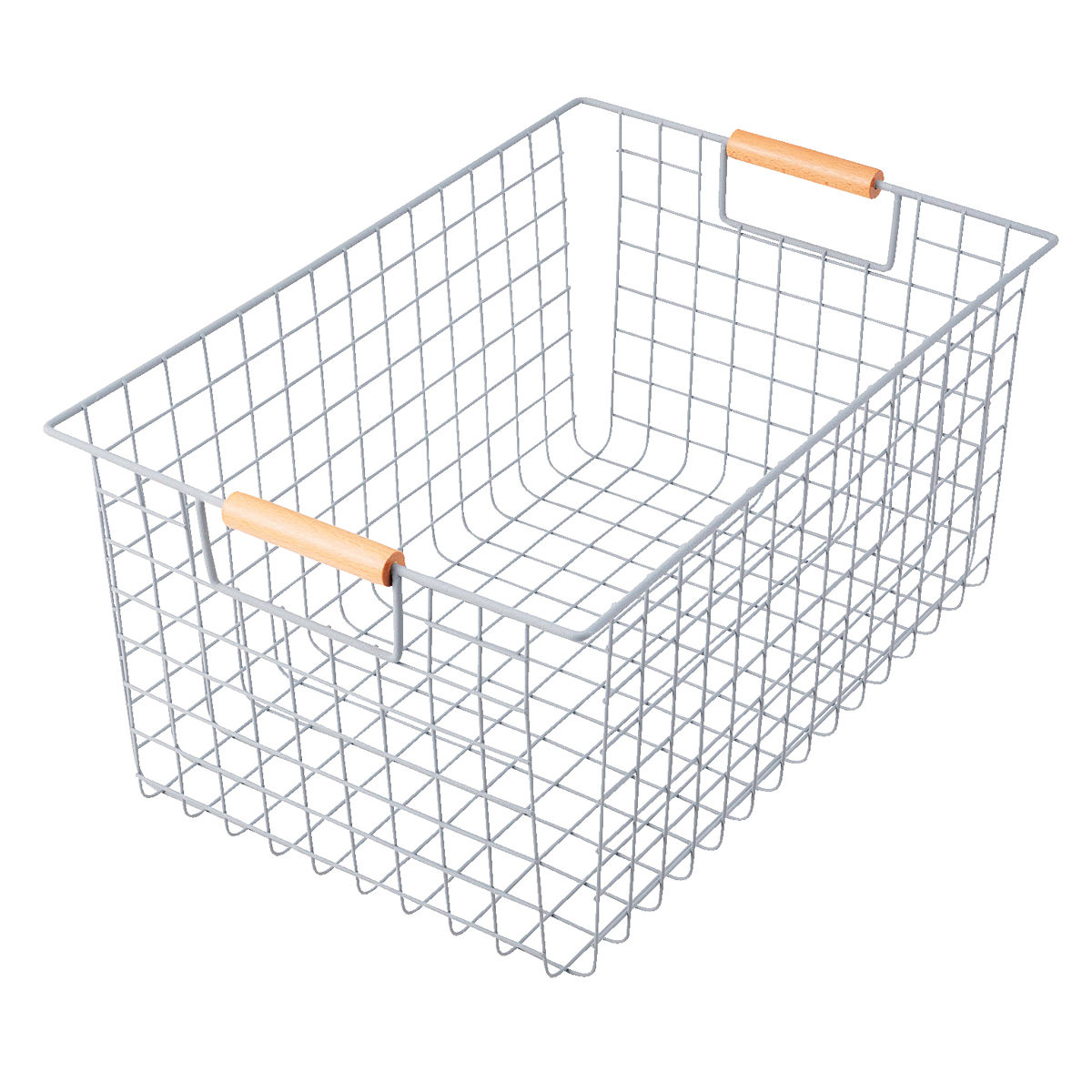 ワイヤーバスケット Lサイズ 幅40.5cm 木柄取っ手 バスケット かご ワイヤー ( 収納 カゴ 四角 スクエア 長方形 持ち手付き スチール製 収納バスケット 小物入れ 小物収納 取って付き おしゃれ オシャレ )