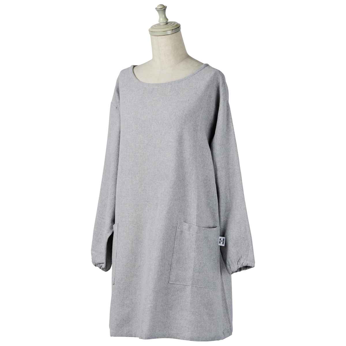 割烹着 イージー カッポウギ リサイクル糸 ( かっぽうぎ エプロン 作業着 台所エプロン 袖付きエプロン ポケット付き おしゃれ ワンピースエプロン 長袖 袖 ゴム 無地 シンプル 大人用 腰ひも レディース サステナブル ) 【ライトグレー】 ライトグレー